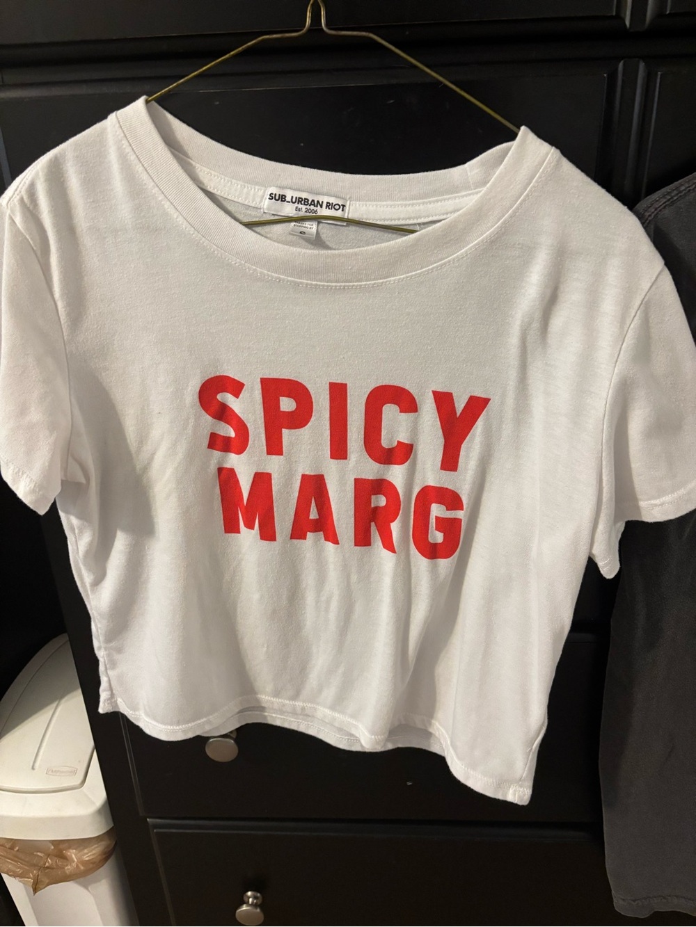 Spicy Marg White Crop Tee with Red Text